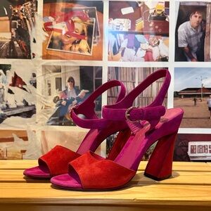 Salvatore Ferragamo Red & Fuchsia Suede Block Heel Sandals